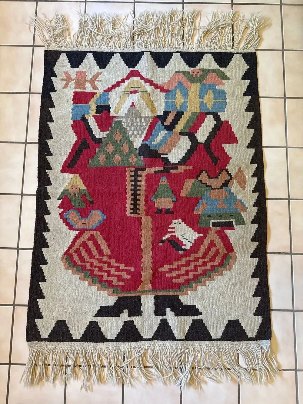 Turkish Kilim Wool Rug Tapestry Fringed Hand Woven Christmas Santa Claus 44 x 34